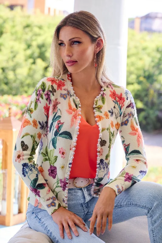 Online Specials Floral Pearl Trim Cardigan White Multi