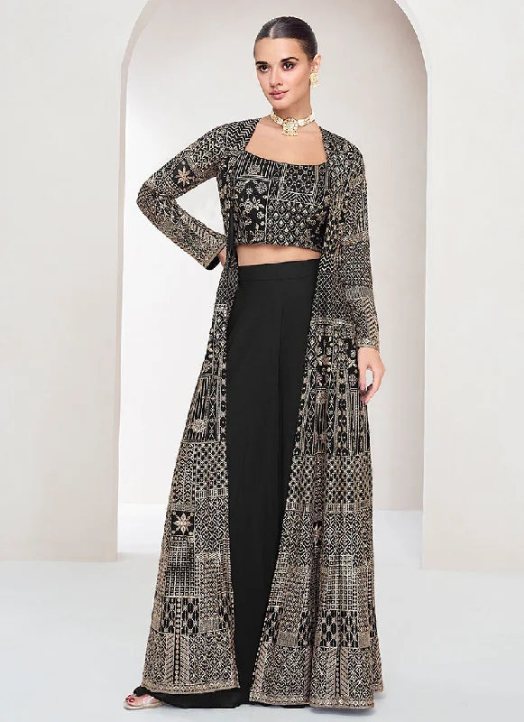 Price Fest Midnight Black Embroidered Jacket Style Palazzo Suit