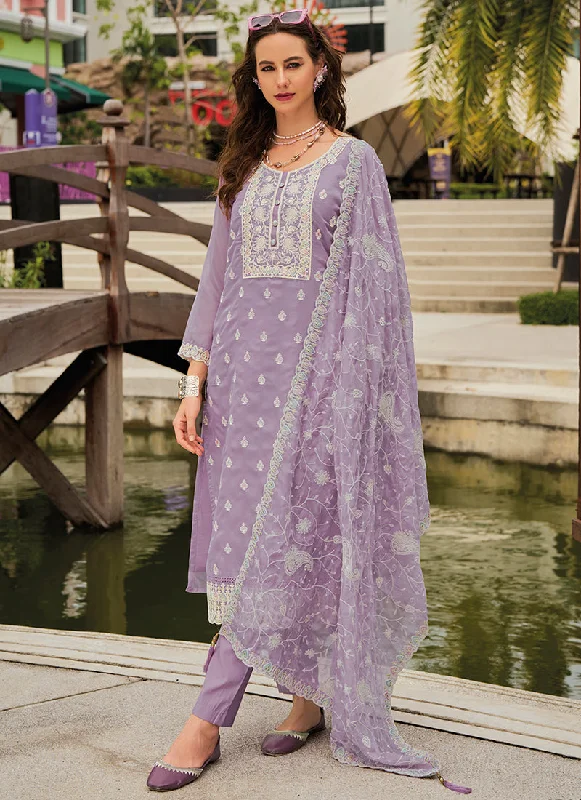 Huge Savings Lavender Traditional Embroidery Pant Style Suit
