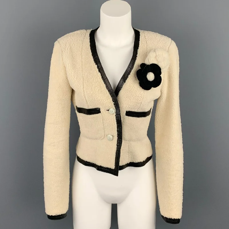 CHANEL 2003 Size 6 Cream & Black Shearling Leather Lamb Skin Jacket