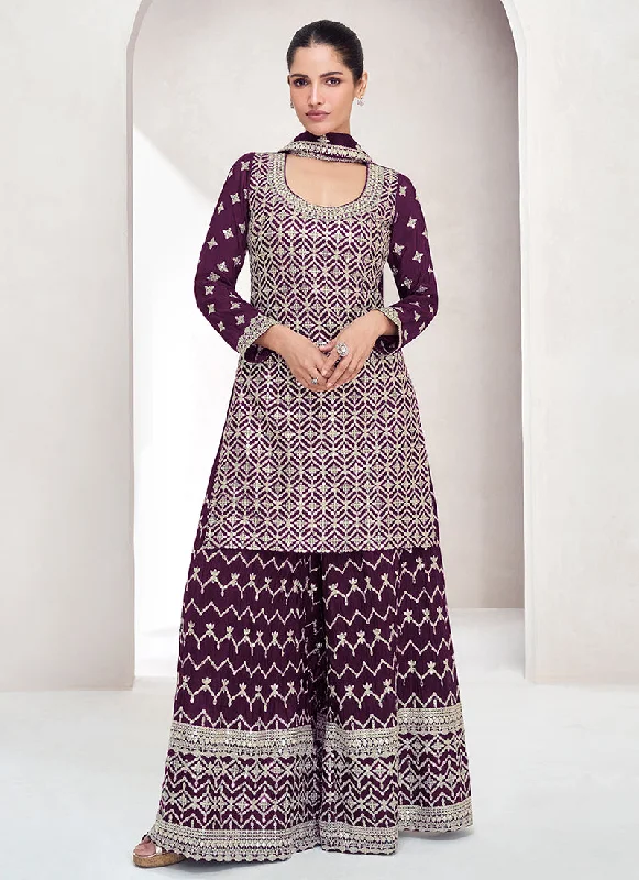 Savings Bonanza Deep Purple Reshamkari Embroidery Palazzo Suit