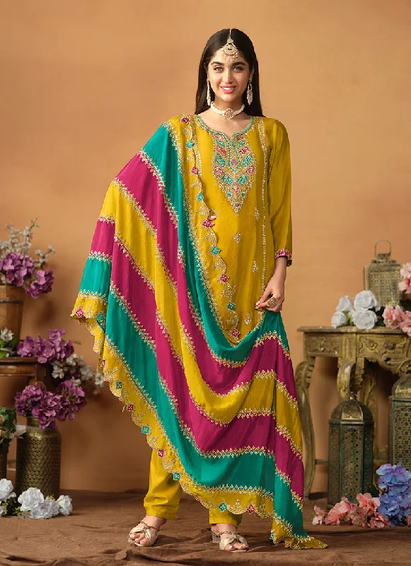 Price Blitz Yellow Multi Embroidery Traditional Pant Style Suit