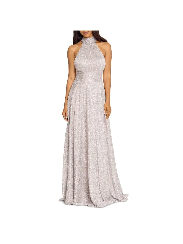 Final Clearance AQUA FORMAL Womens Beige Zippered Pocketed Wrap Style Skirt Open Back Lined Sleeveless Halter Full-Length Formal Gown Dress