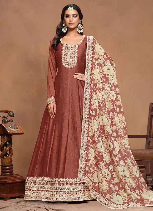 Amazing Deals Light Brown Embroidery Silk Anarkali Suit