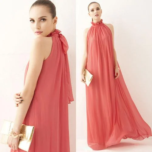Seasonal Clearance High-neck Sleeveless Halter Lace Up Pleated Solid Bohemian Dress