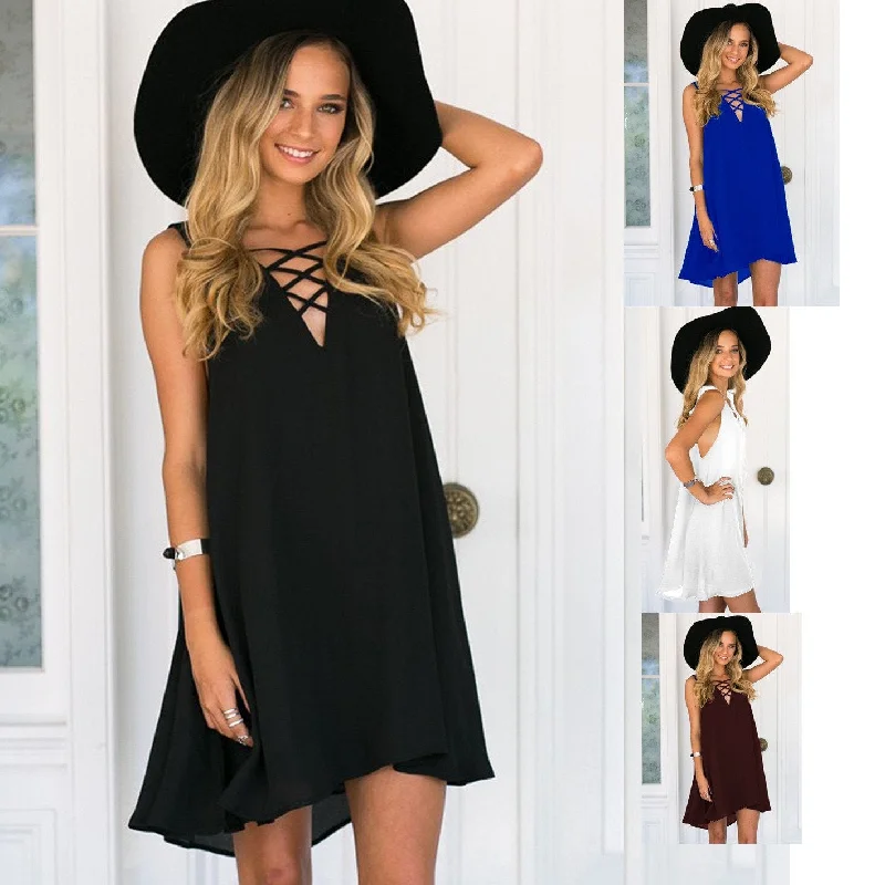 Crazy Deals V-neck Sleeveless Pure Color Chest Cross Short Dress