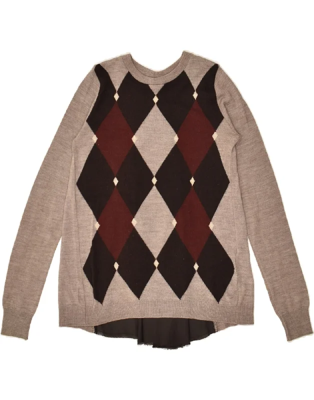 LIU JO Womens Crew Neck Jumper Sweater UK 6 XS Brown Argyle/Diamond