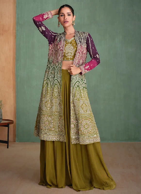 Best Bargains Purple And Olive Ombre Embroidered Jacket Style Sharara Suit