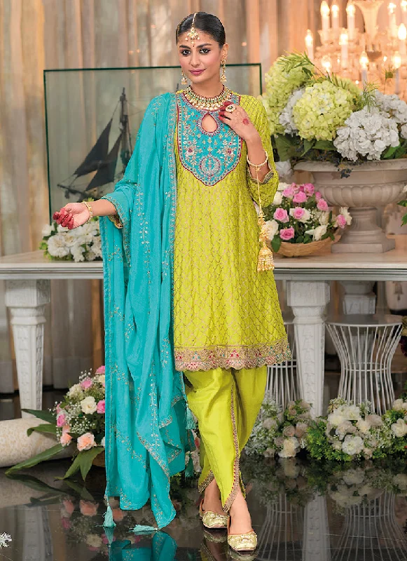 Deal Explosion Yellow Teal Multi Embroidered Designer Dhoti Style Suit