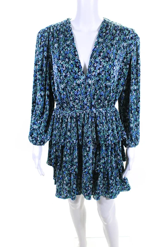 Deal Dash Sabina Musayev Women's Floral Print Ruffle Suzanne Dress Blue