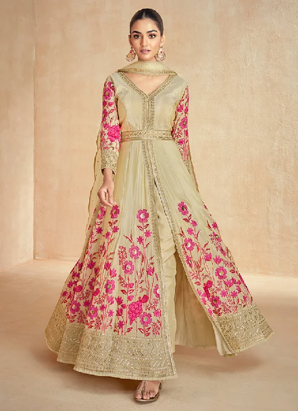 Deal Explosion Beige Multi Embroidery Slit Style Anarkali Pant Suit
