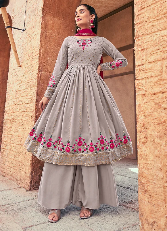 Daily Deals Grey Sequence And Thread Embroidery Anarkali Palazzo Suit
