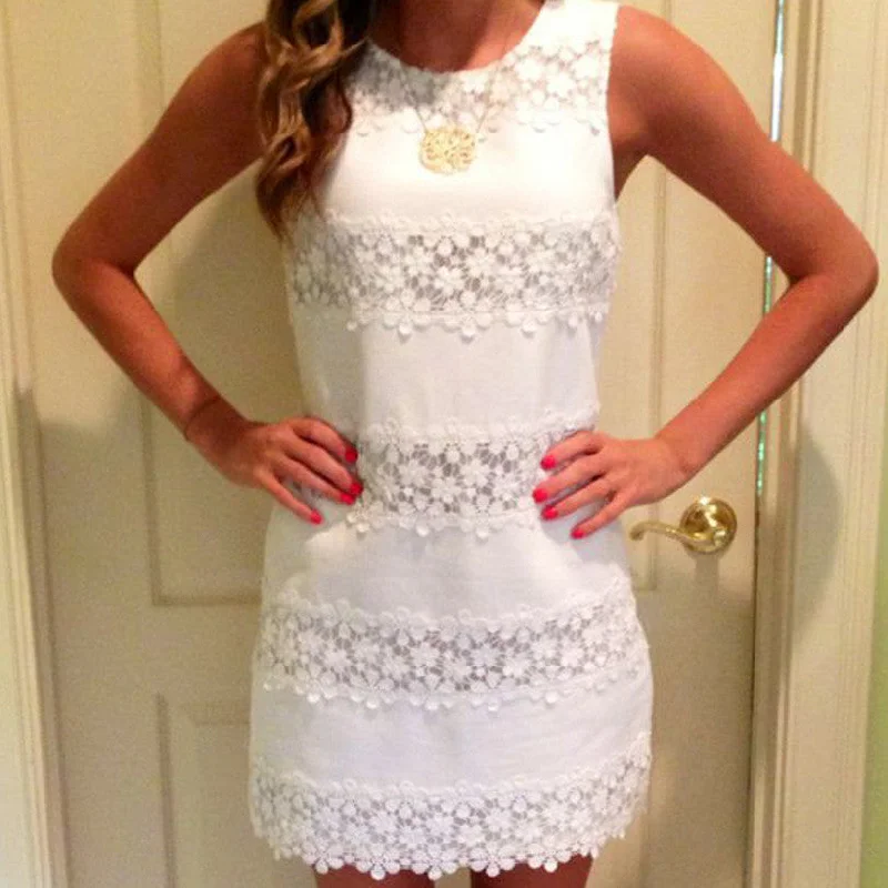 While Supplies Last Lace Pure Color O-neck Sleeveless Short Dress
