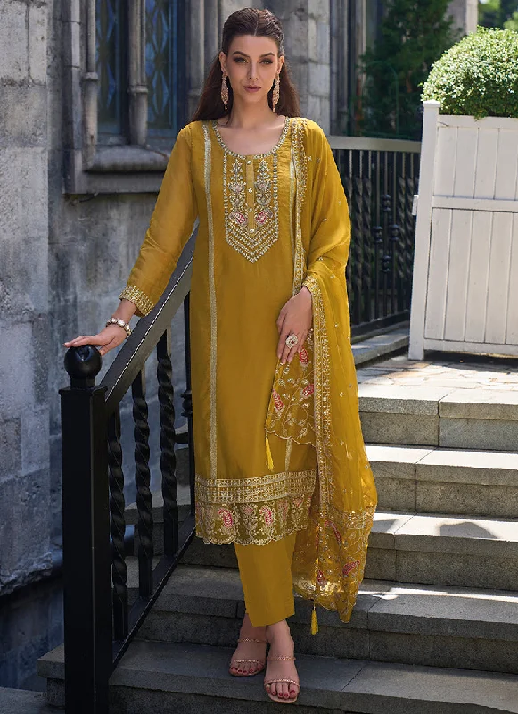 Savings Spectacular Yellow Multi Embroidered Pakistani Pant Style Suit