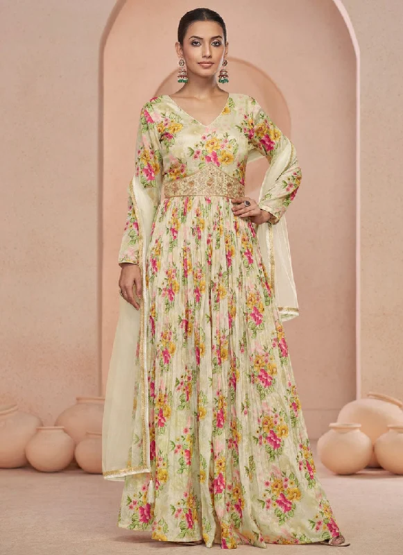 Online Only Off White Floral Print And Handwork Embroidery Anarkali Style Gown