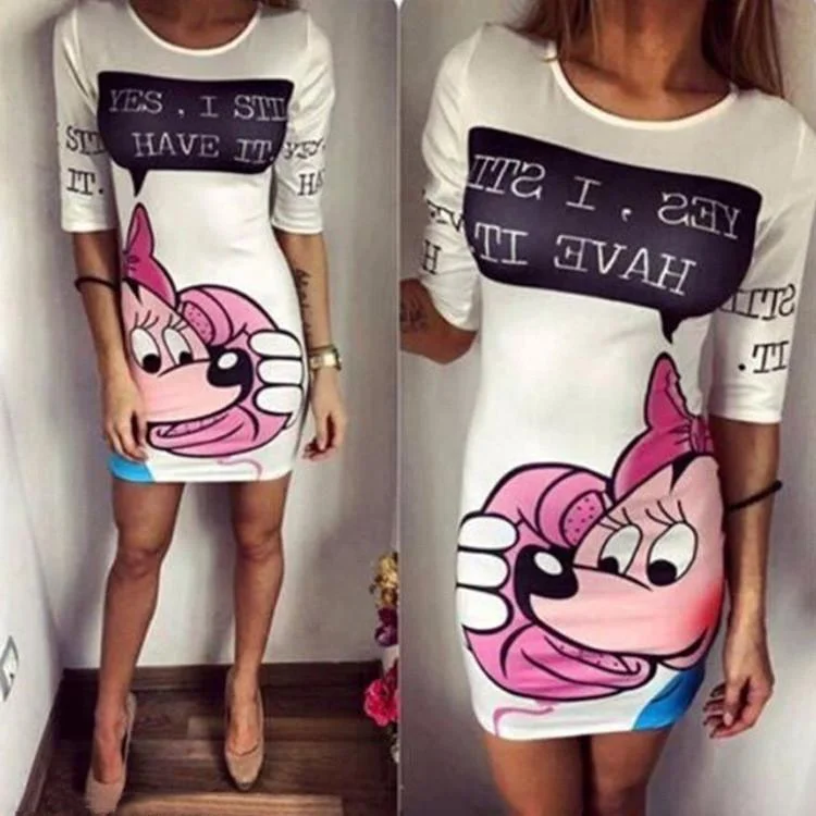 Exclusive Online Offer Cartoon Print Mid Sleeves Bodycon Dress