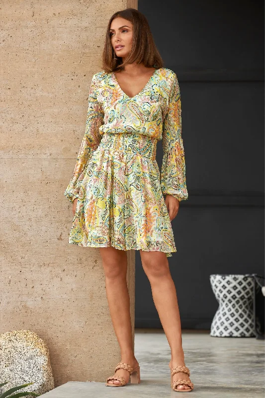 Mega Sale Paisley Print Smocked Peasant Dress Pink Multi