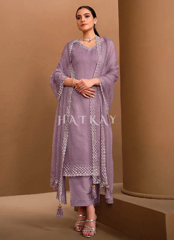 Huge Discounts Lavender Crystal Embroidered Pant Style Suit