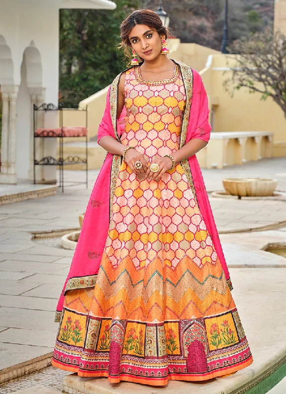 Exclusive Preview Yellow Multicoloured Embroidery And Printed Anarkali Gown