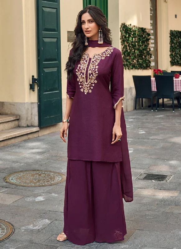 Extra Discounts Deep Purple Handwork Embroidery Party Wear Palazzo Suit