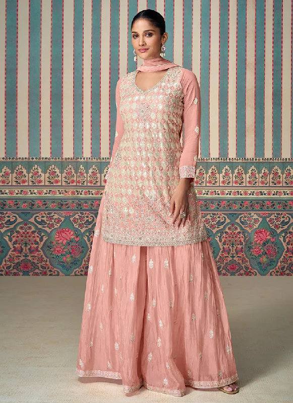 Last Chance Blush Pink Designer Embroidery Chinnon Sharara Suit