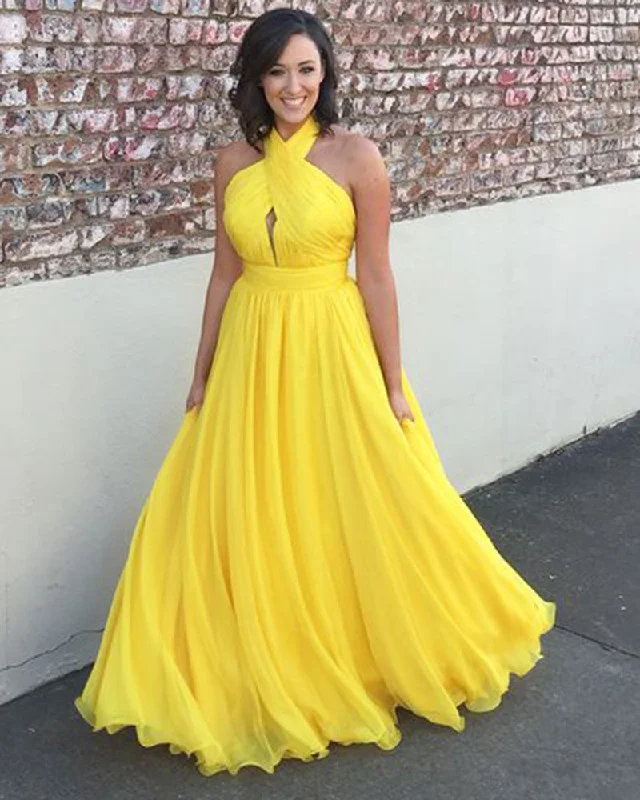 Fantastic Offers Stunning Women Halter Long Chiffon  Bright Yellow Formal Party Gowns Long PL10102