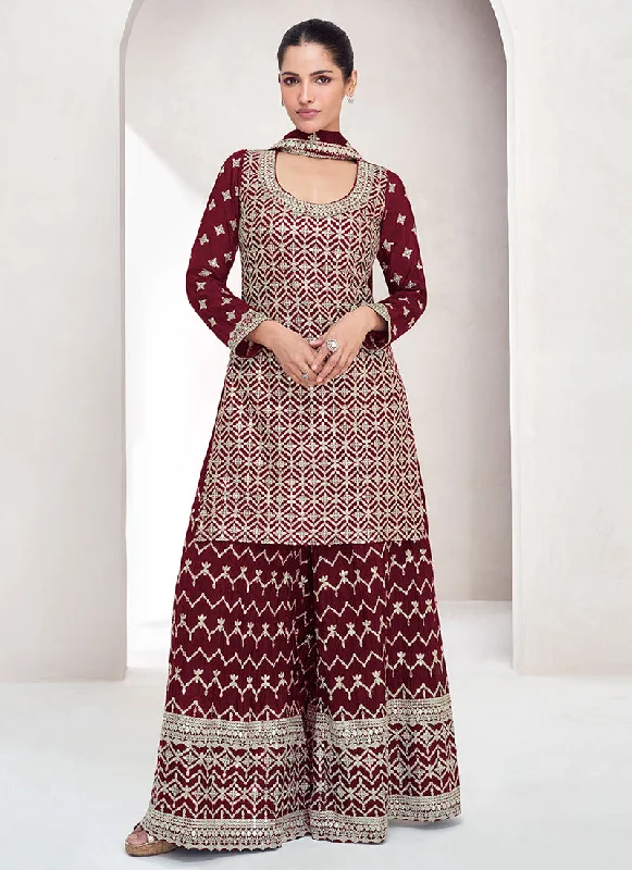 Savings Spectacular Maroon Reshamkari Embroidery Palazzo Suit
