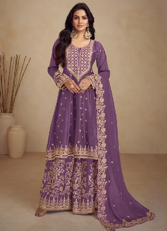 While Supplies Last Purple Embroidery Anarkali Sharara Suit