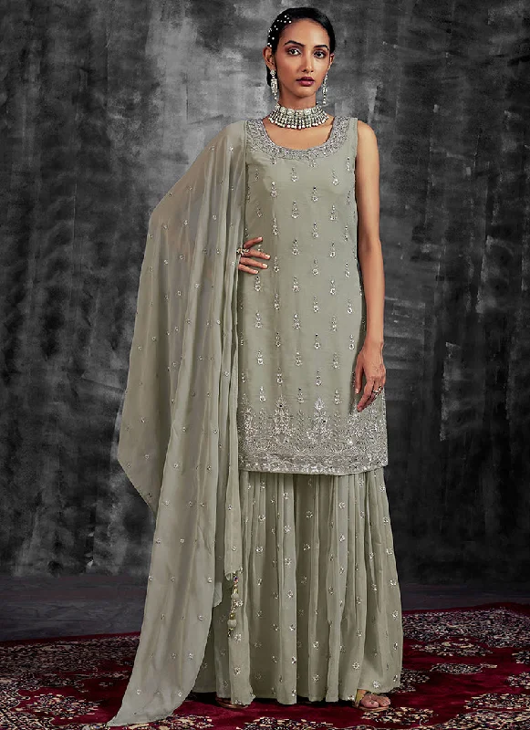 Lowest Price Olive Green Mirror Work Embroidery Georgette Gharara Suit