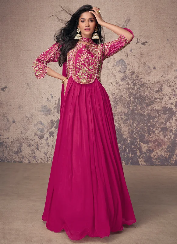 Closeout Sale Fuchsia Pink Embroidered Chinnon Anarkali Gown