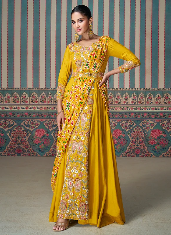 Bargain Blast Yellow Multicolored Traditional Embroidery Saree Style Gown