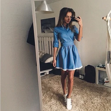 Exclusive Savings Fashion POLO Neck Lace Flowered Cowboy Dress