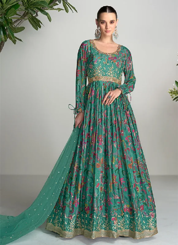 Fantastic Offers Dark Green Digital Printed Handwork Embroidered Anarkali Gown