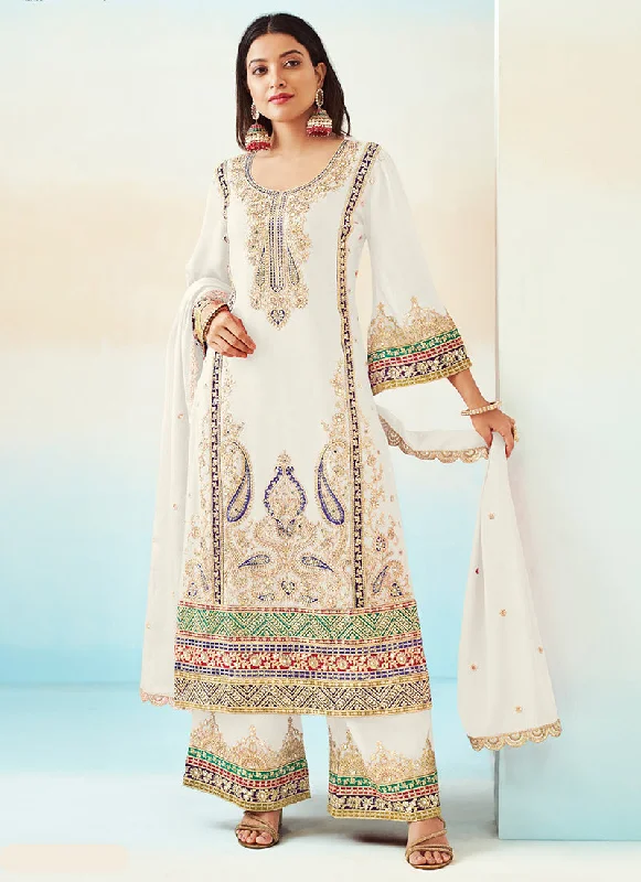Savings Bonanza White Embroidered Traditional Palazzo Style Salwar Suit