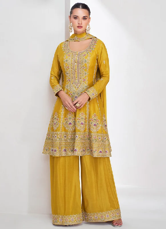Price Drop Yellow Multi Embroidery Palazzo Style Suit