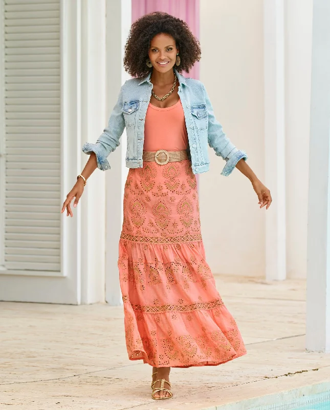 Referral Discount Metallic Embroidered Eyelet Maxi Skirt Coral/Gold