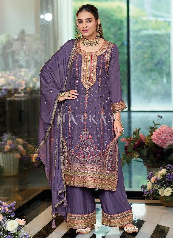 Factory Direct Sale Purple Multi Embroidery Palazzo Suit