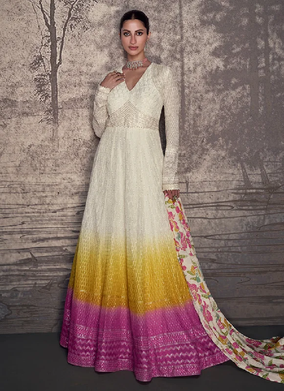 Anniversary Sale Off White Ombré Embroidery Anarkali Gown Dress