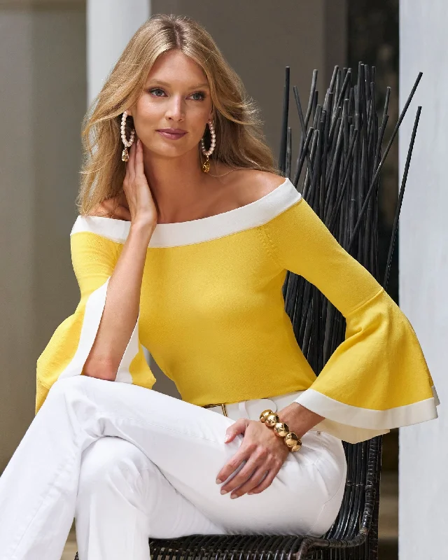 Clearance Sale Colorblock Flare Sleeve Sweater Yellow/White
