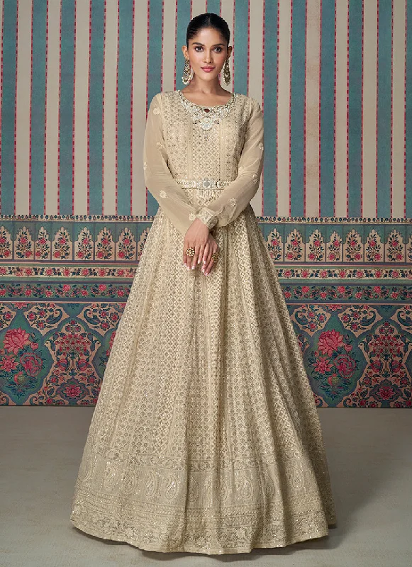 Best Deals Beige Golden Chikankari Embroidery Festive Anarkali Dress