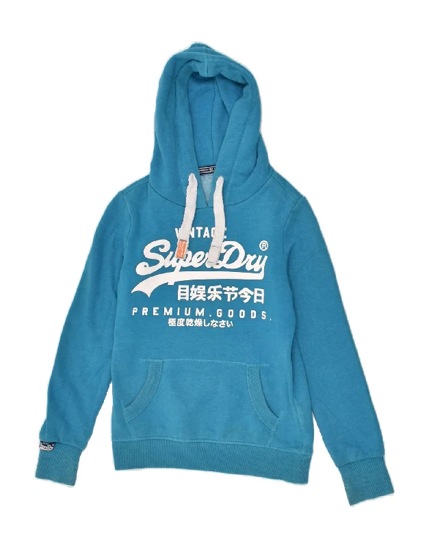 SUPERDRY Womens Graphic Hoodie Jumper UK 6 XS Blue Cotton