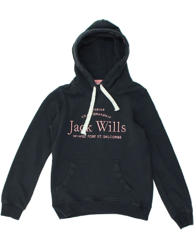 JACK WILLS Womens Graphic Hoodie Jumper UK 8 Medium Navy Blue Cotton