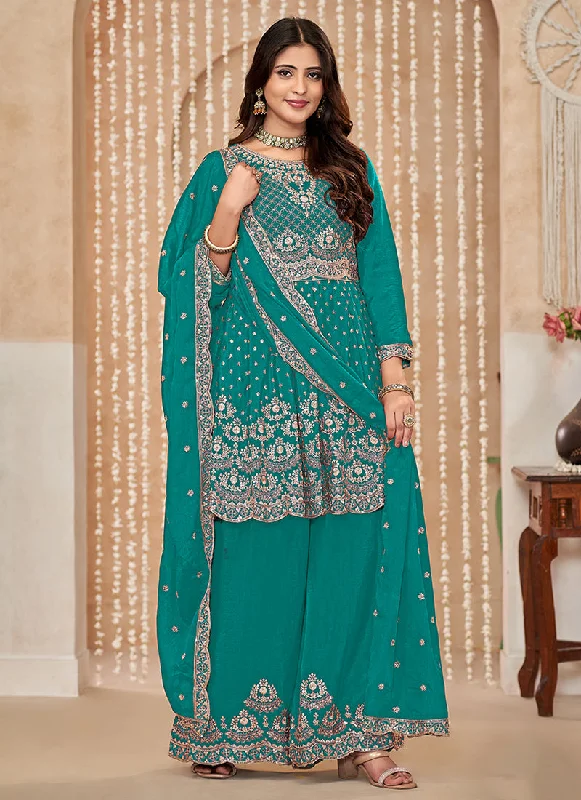 Friends and Family Sale Turquoise Multi Embroidered Anarkali Gharara Suit