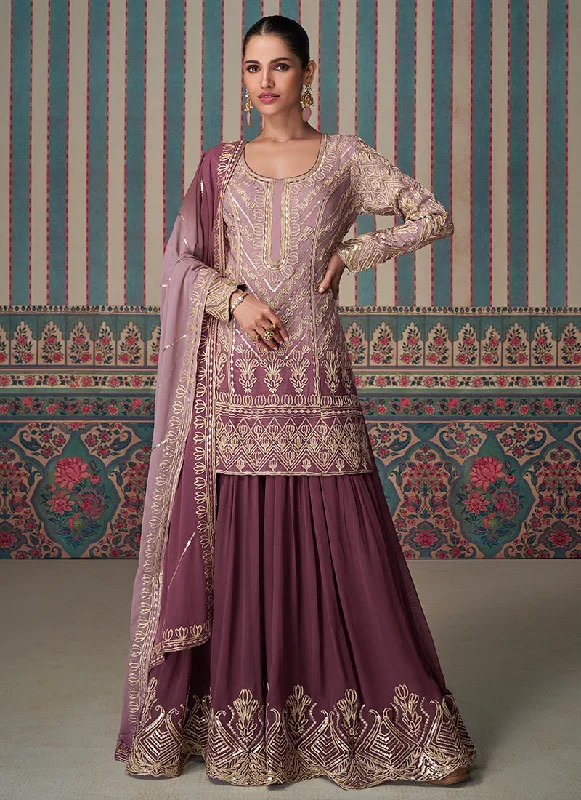 Flash Sale Mauve Purple Embroidery Sharara Style Suit