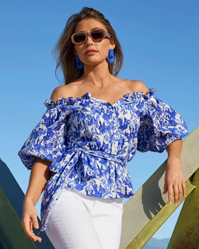 Great Deals Ocean Fleurs Print Eyelet Puff Sleeve Tie Waist Peplum Blouse Blue