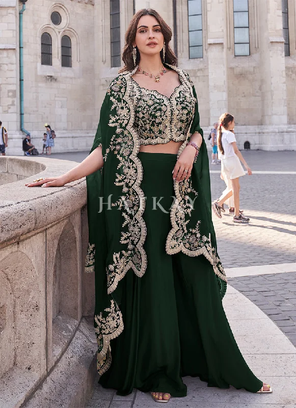 Special Buy Dark Green Embroidered Cape Style Designer Palazzo Suit