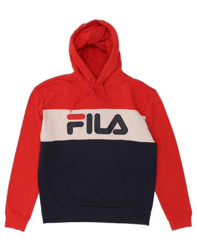 FILA Womens Graphic Hoodie Jumper UK 14 Medium Red Colourblock Cotton