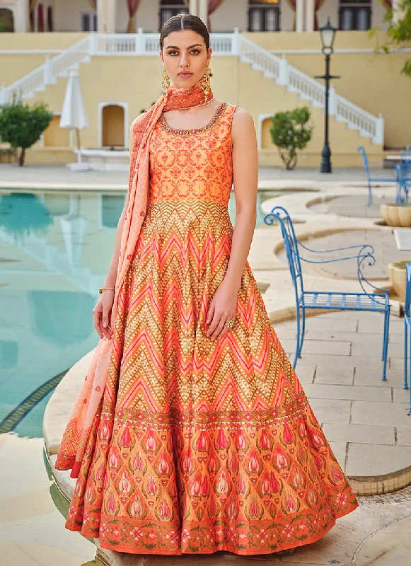 Price Blitz Orange Embroidery And Printed Anarkali Gown