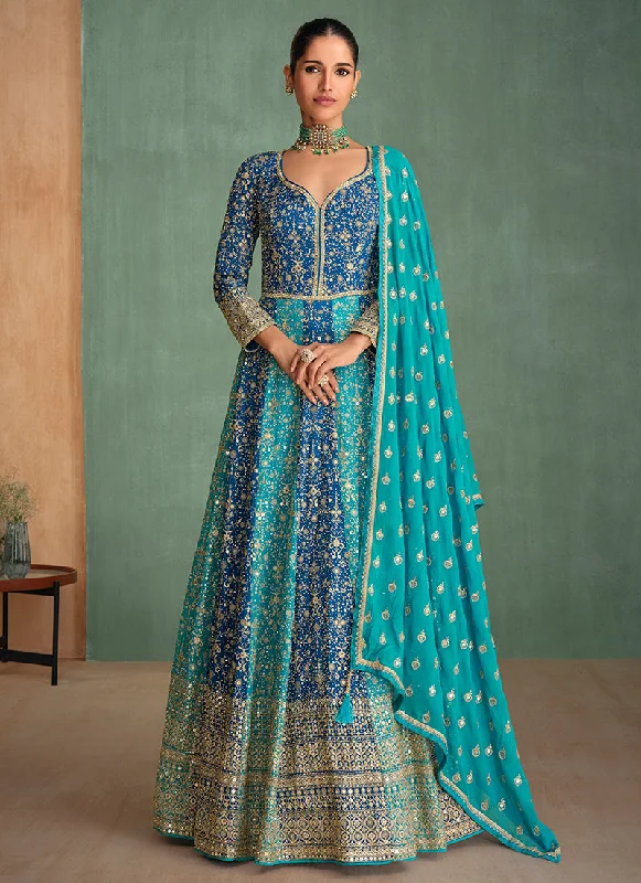 Special Offer Teal And Blue Embroidery Anarkali Gown
