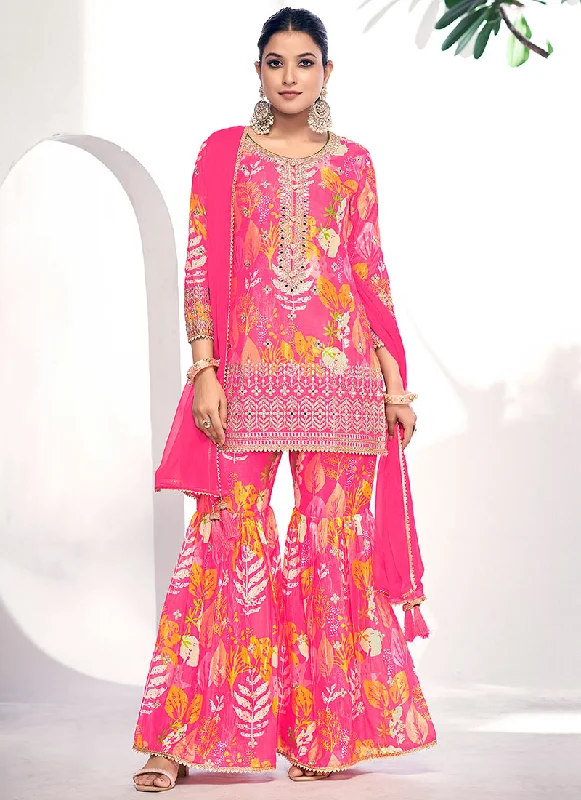Extra Discounts Pink Golden Mirror Work Embroidery Gharara Suit